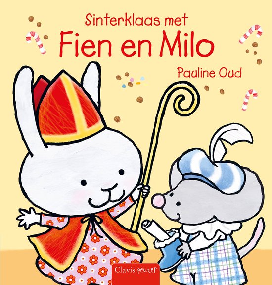 Een konijn en een muis vieren Sinterklaas. De konijn draagt een mijter en een mantel, de muis een pet.