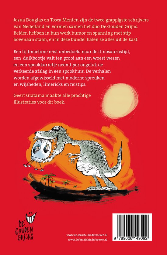 Boekomslag met de titel 'Pech onderweg'. Een dinosaurus kijkt naar een tijdsmachine die op een stuk land staat. Rechtsonder staat 'De Gouden Grijns'.