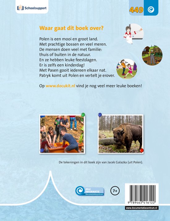 Een kudde bizons in een bosrijke omgeving, met text over Polen en een kinderboek. Twee kinderboek illustraties.