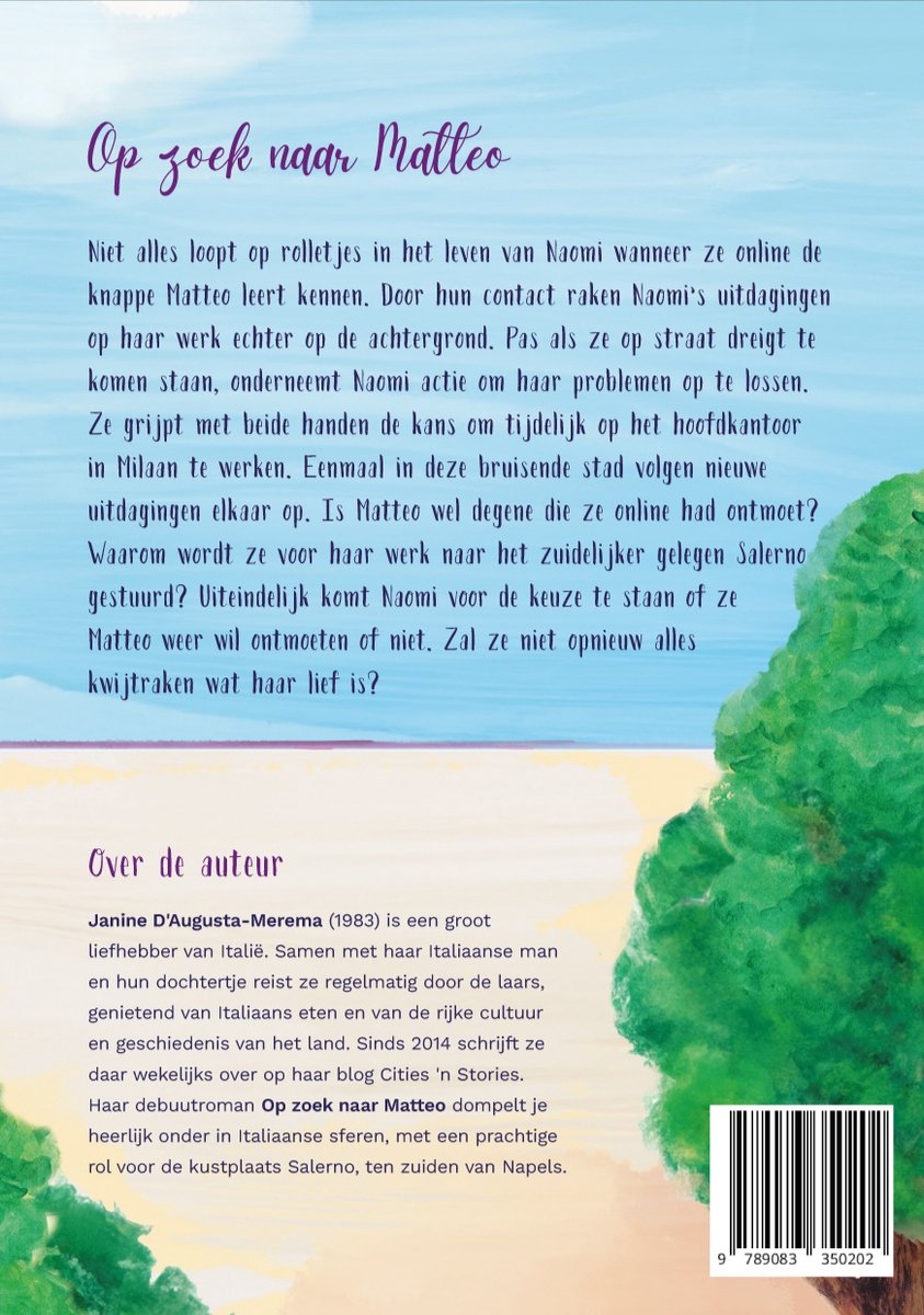 Achterkant boek met tekst en een deel van een boom, titel 'Op zoek naar Matteo'.