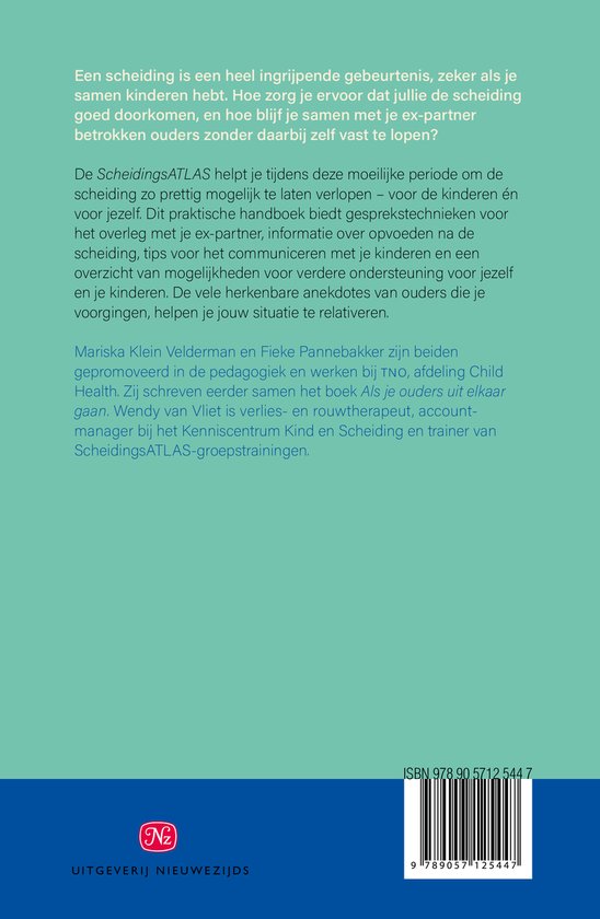 Achterkant boek met ISBN en uitgeverij Nieuwezijds. Tekst over begeleiding bij scheiding.