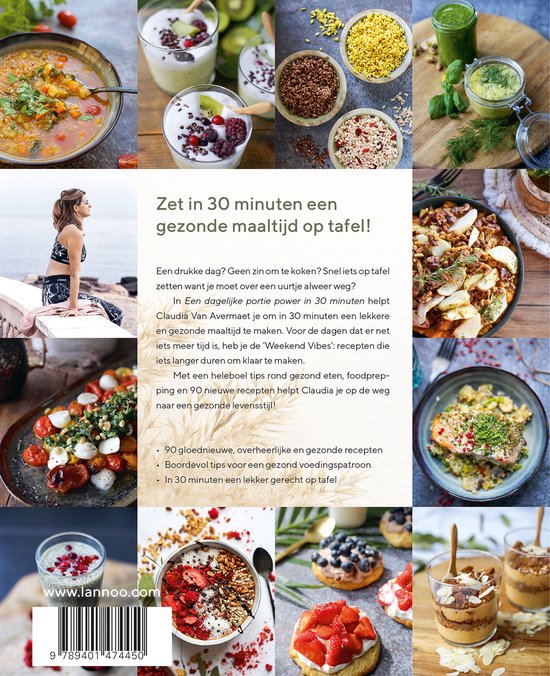 Collage van gezonde maaltijden: salades, yoghurt, granen, soep en desserts. Titel: Zet in 30 minuten een gezonde maaltijd op tafel!