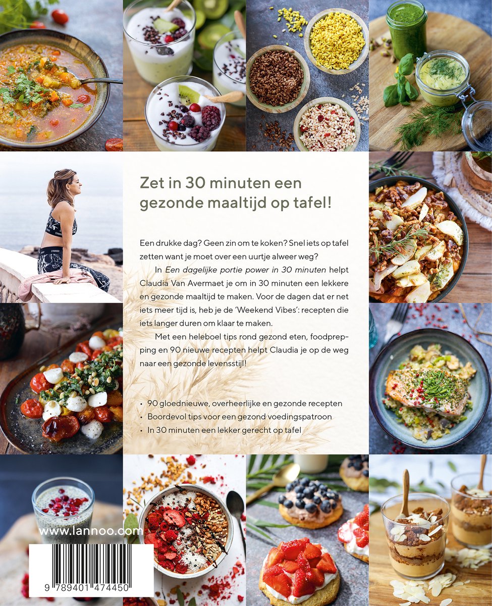 Collage van gezonde maaltijden: salades, yoghurt, granen, soep en desserts. Titel: Zet in 30 minuten een gezonde maaltijd op tafel!