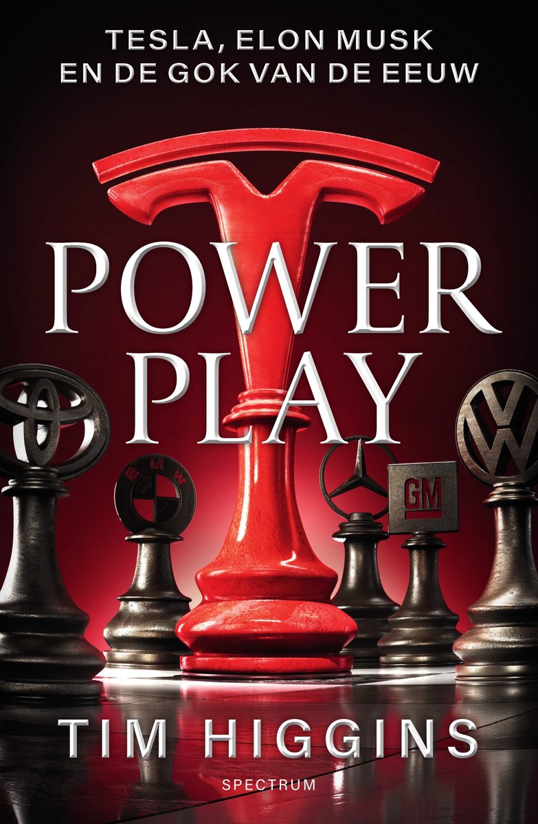Boekomslag: rode schaakstukken met automerken, met "POWER PLAY" in grote witte letters.