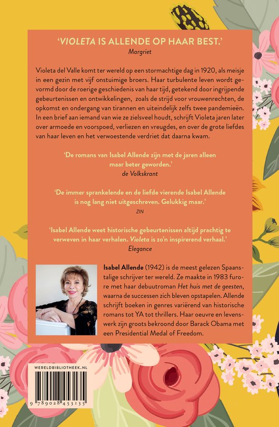 Achterkant boek 'Violeta' van Isabel Allende met tekst en een foto van de auteur.