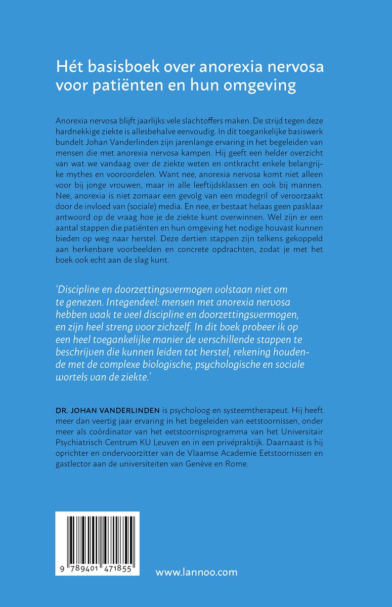 Boek over anorexia nervosa met een close-up van een barcodenummer op de achterkant.