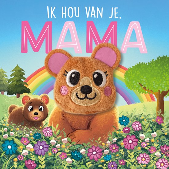 Een knuffelbeer met roze oortjes en grote ogen staat op de voorgrond, met een kleinere beer ernaast. Tekst: "Ik hou van je, mama".