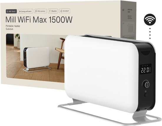 Mill CO1500MAXWIFI3 - WiFi-geïntegreerde design convector kachel - 1500 Watt - tot 22m2 - 100% stil - geschikt voor de badkamer - 5 jaar garantie
