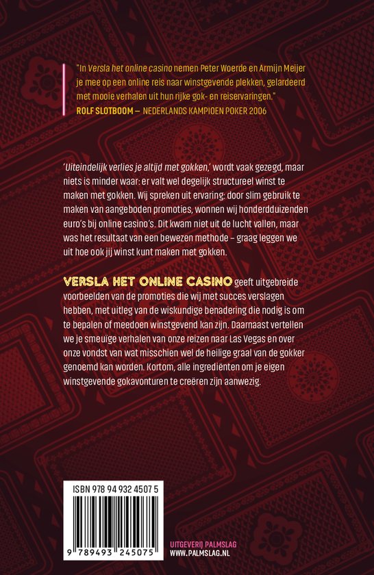 Achterzijde van het boek met een QR-code, ISBN en een samenvatting van 'Versla het online casino'.