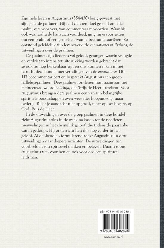 Achterkant boek met tekst over Augustinus, psalmen, en boekinformatie.