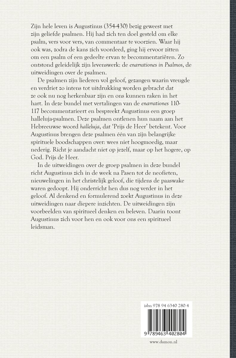 Achterkant boek met tekst over Augustinus, psalmen, en boekinformatie.