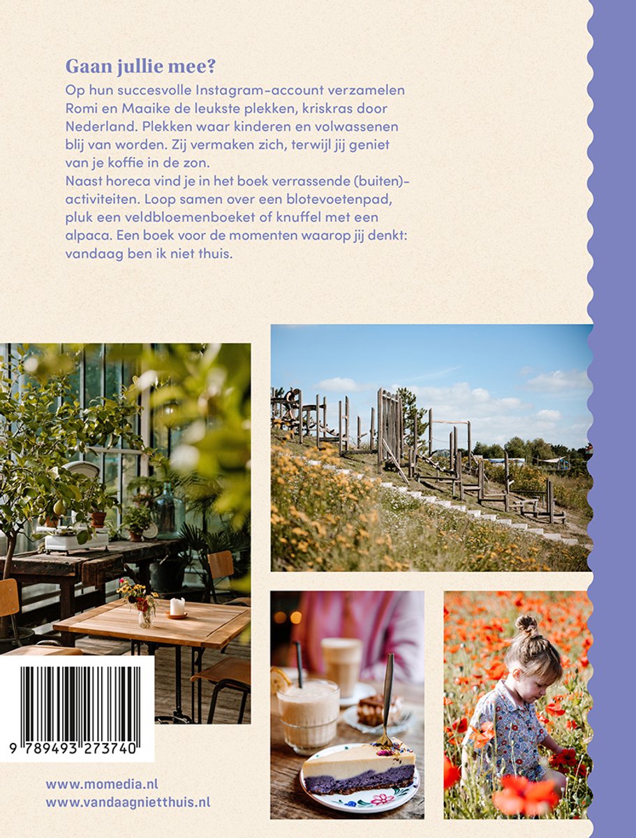 Boek met drie foto's: tafels met planten, speeltoestel in veld, taart en drankjes, kind in bloemenveld.