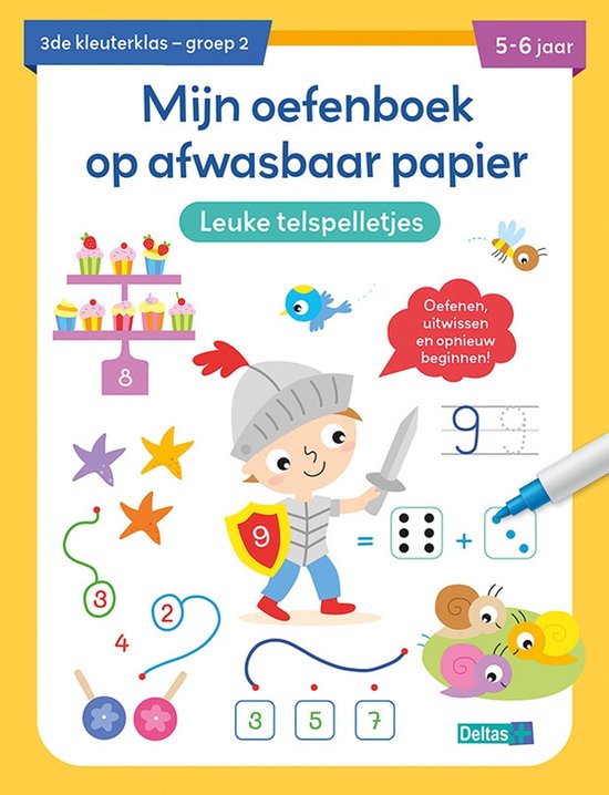 Boekomslag met titel 'Mijn oefenboek op afwasbaar papier'. Centraal een ridder met schild en zwaard. Er zijn cupcakes, slakken en telspelletjes.