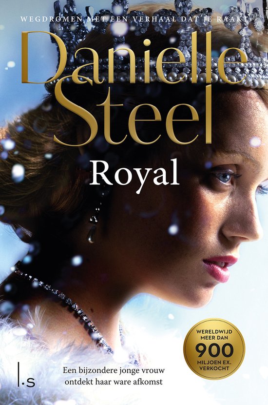 Boekomslag 'Royal' van Danielle Steel met portret van jonge vrouw met tiara en parelketting.