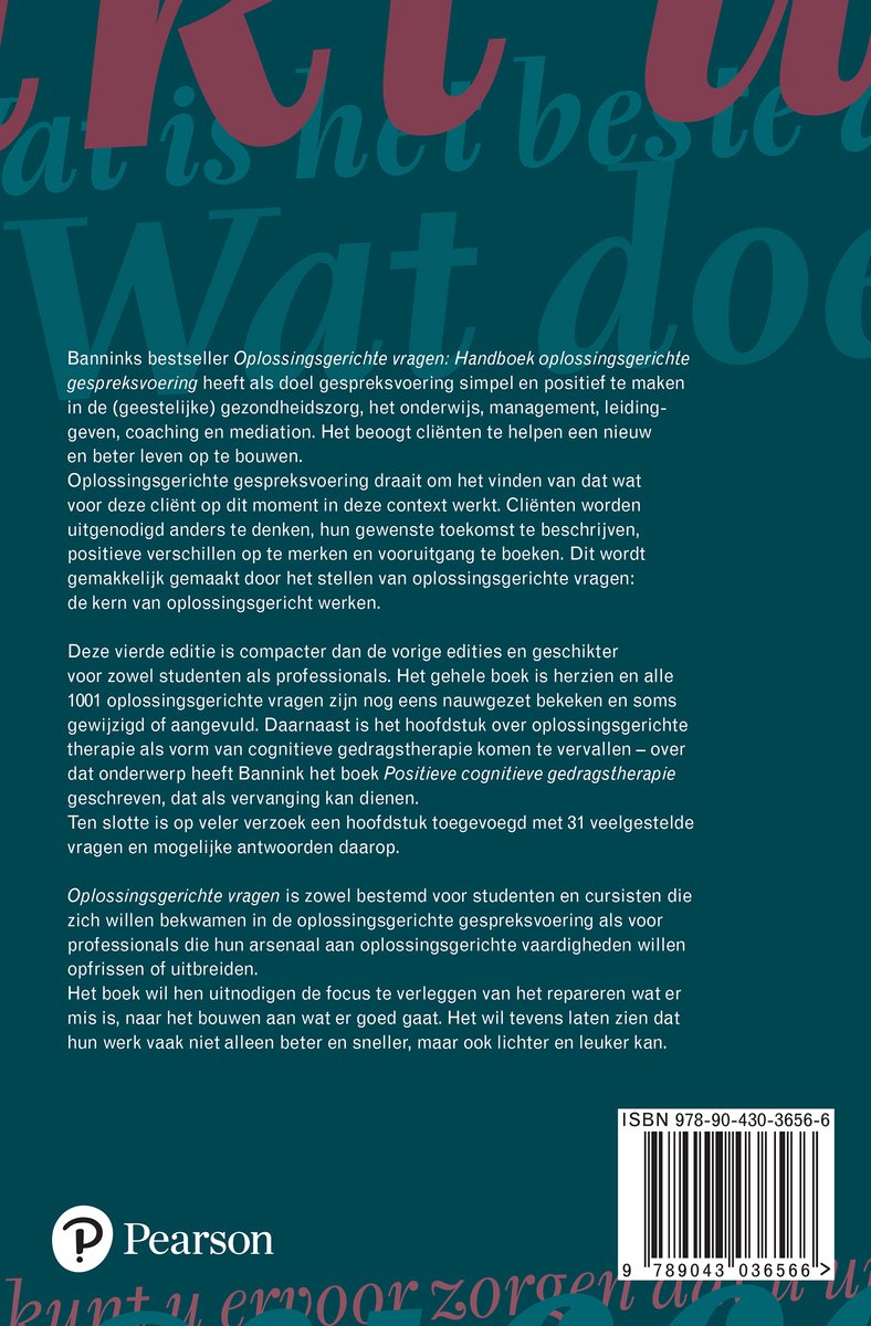 Boekomslag met de titel 'Oplossingsgerichte vragen', een handboek. ISBN 978-90-430-3656-6.