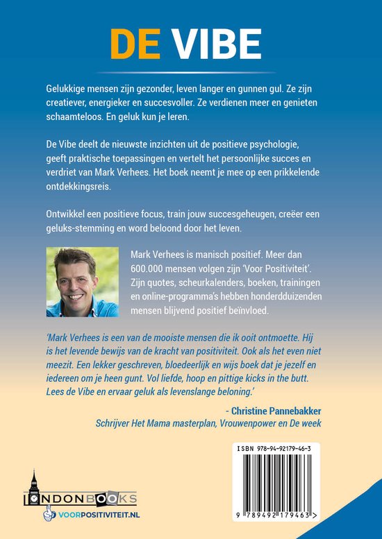 Achterkant van het boek 'DE VIBE' met tekst en een foto van Mark Verhees. ISBN en barcode zijn zichtbaar.