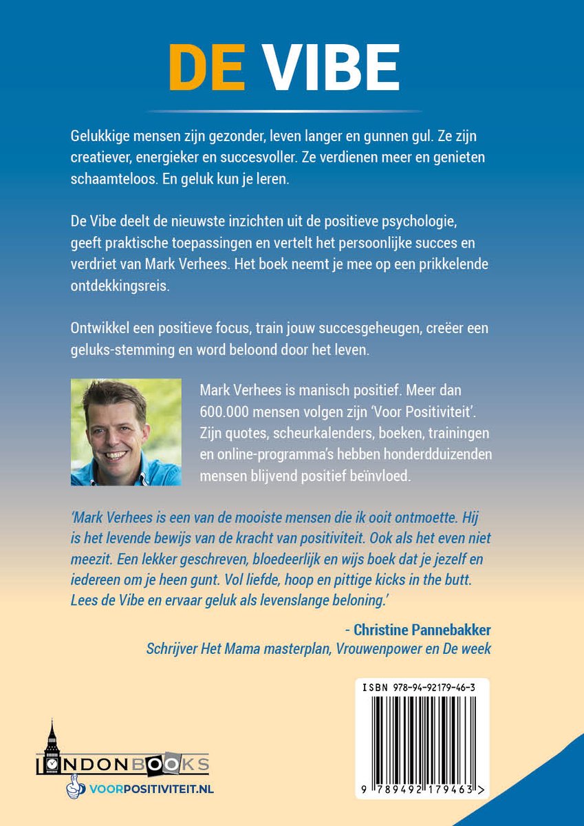 Achterkant van het boek 'DE VIBE' met tekst en een foto van Mark Verhees. ISBN en barcode zijn zichtbaar.