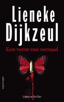 Een rode vlinder met zwarte stippen, met in het midden een kogelhuls, op een zwarte achtergrond. Titel: Een vorm van verraad.