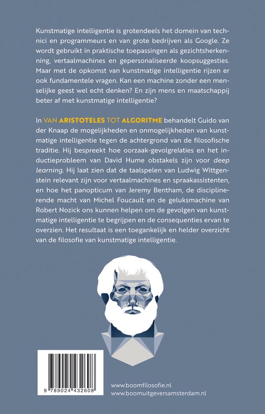 Boekomslag met tekst en een geometrische afbeelding van een buste van een man.