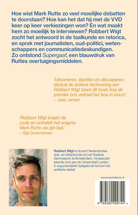 Achterkant van een boek met een portret van Robbert Wigt, tekst over Mark Rutte en een ISBN-nummer.