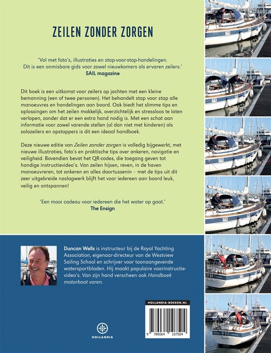Achterkant van het boek 'Zeilen zonder zorgen'. Bevat informatie over de auteur, het boek en een QR-code.