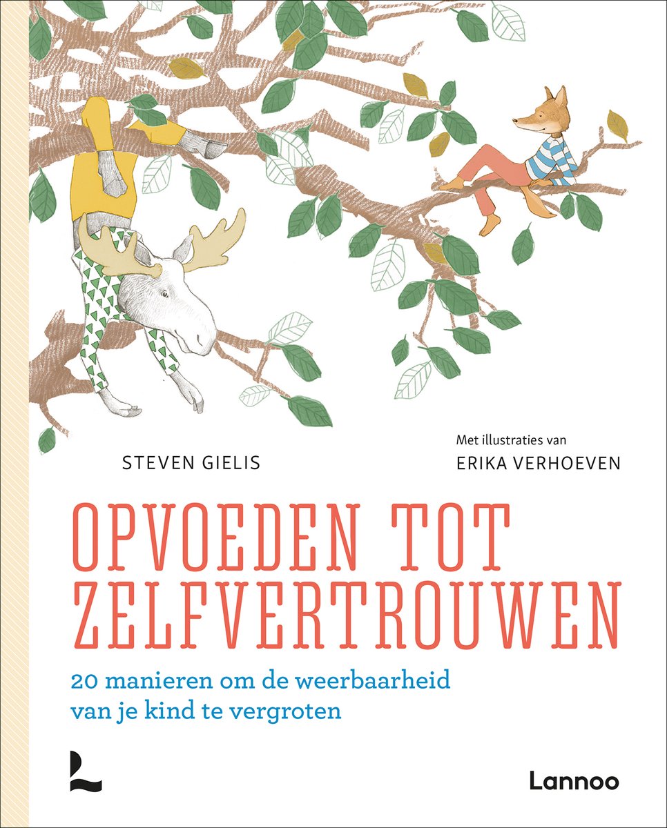 Livre "Opvoeden tot zelfvertrouwen" avec des illustrations d'un renard et d'un élan dans un arbre.