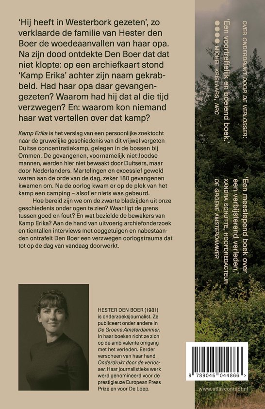 Portret van Hester den Boer, auteur van Kamp Erika, een boek over haar opa's oorlogsverleden. Ze draagt een groene jas en heeft bruin haar.