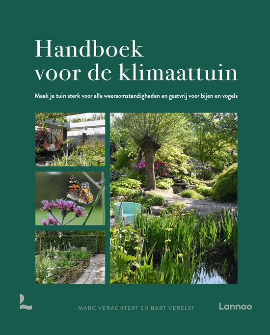 Cover van 'Handboek voor de klimaattuin' met een vlinder op paarse bloemen, een vijver, een tuin met boom en een border.