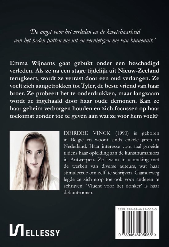 Vrouw met blond haar, naar links kijkend. Titel: Vlucht voor het donker.