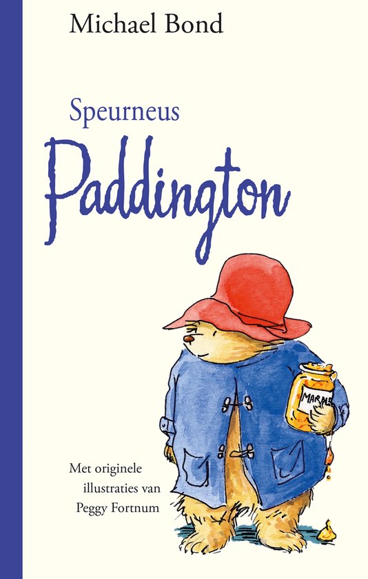 Paddington met een rode hoed, blauwe jas en een pot marmelade in zijn poot.