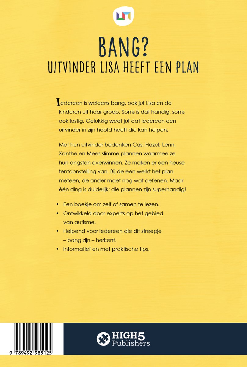 Boekomslag van 'Bang? Uitvinder Lisa heeft een plan'. Tekst over omgaan met angst en autisme, met logo's.
