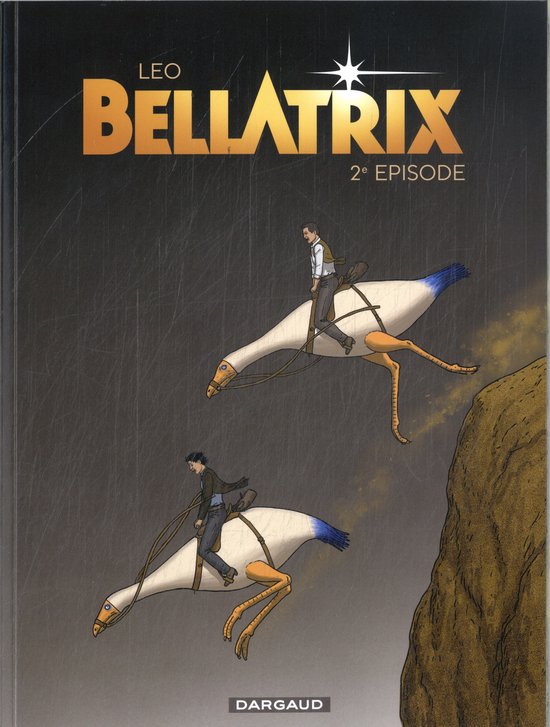 Leo Bellatrix 2e Episode. Twee mannen rijden op witte ganzen met blauwe staarten, vliegend langs een rotswand.