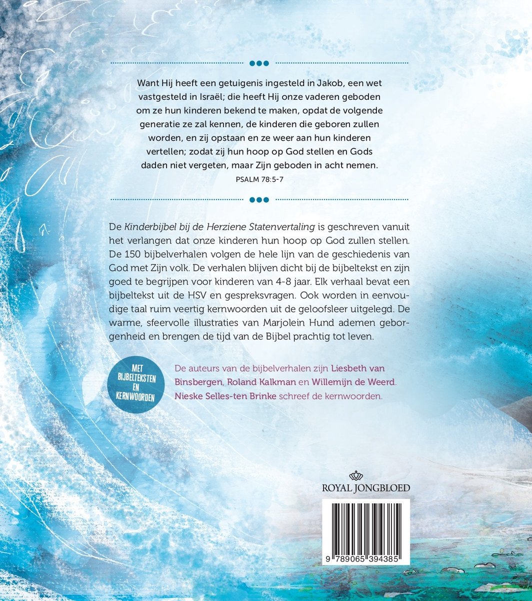 Boek met tekst en illustraties. Achtergrond is blauw en groen.