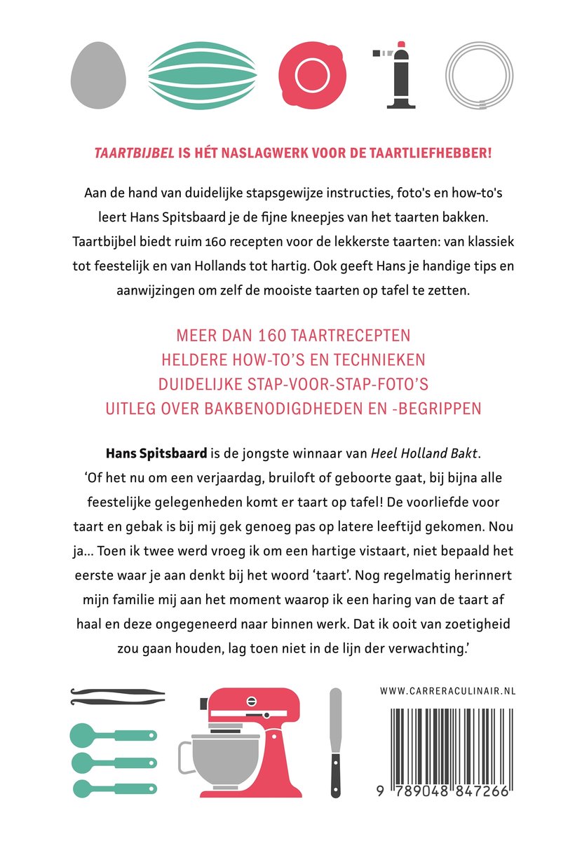 Illustraties van bakgereedschap en een rode keukenmachine, met de titel 'Taartbijbel' en een barcode.