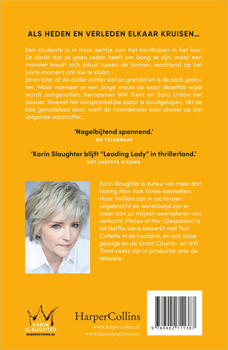 Achterkant boek 'Verzwegen' met foto van auteur Karin Slaughter en tekst over het boek en haar eerdere werken.
