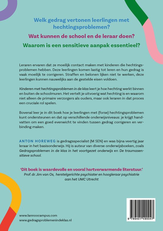 Boek kaft met de titel 'Welk gedrag vertonen leerlingen met hechtingsproblemen?'. Gekleurde vormen op de achtergrond.
