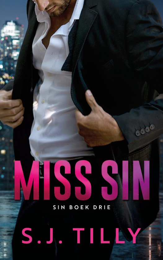 Boek kaft met man in pak, met tekst "MISS SIN S.J. TILLY".