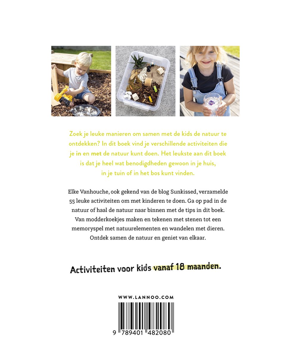 Boek 'Kids in en met de natuur' met foto's van buitenactiviteiten en een jongen en meisje in de natuur.
