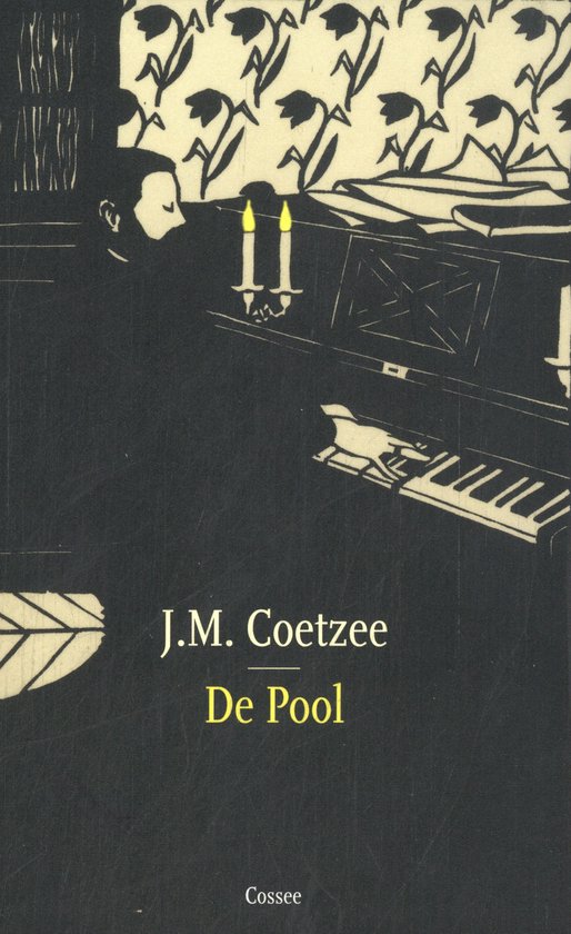 Boekomslag 'De Pool' van J.M. Coetzee met een illustratie van een piano met brandende kaarsen.