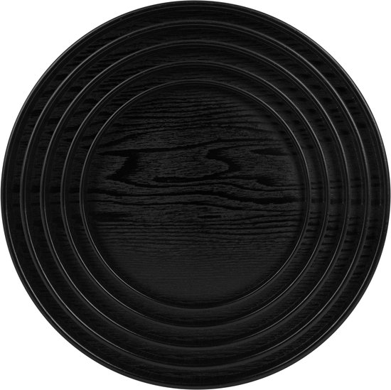 Zwart rond houten dienblad met concentrische cirkels en houtnerf.