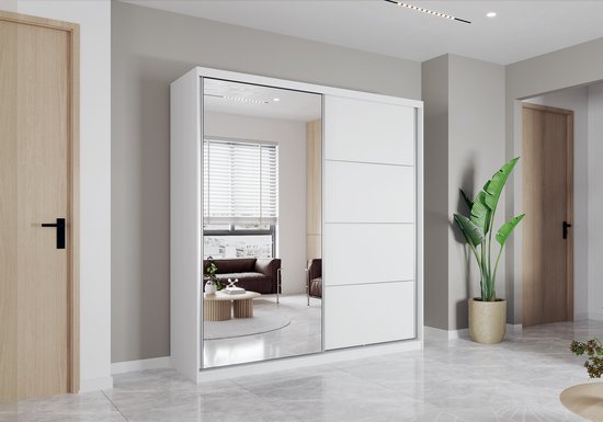 Armoire Posa 42 - Armoire 2 portes coulissantes avec miroir, 3 tiroirs et tringle à vêtements - Armoire pour chambre, hall et salon - Armoire moderne avec grand espace de rangement (Wit)