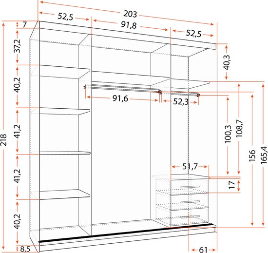 Armoire Posa 42 - Armoire 2 portes coulissantes avec miroir, 3 tiroirs et tringle à vêtements - Armoire pour chambre, hall et salon - Armoire moderne avec grand espace de rangement (Wit)