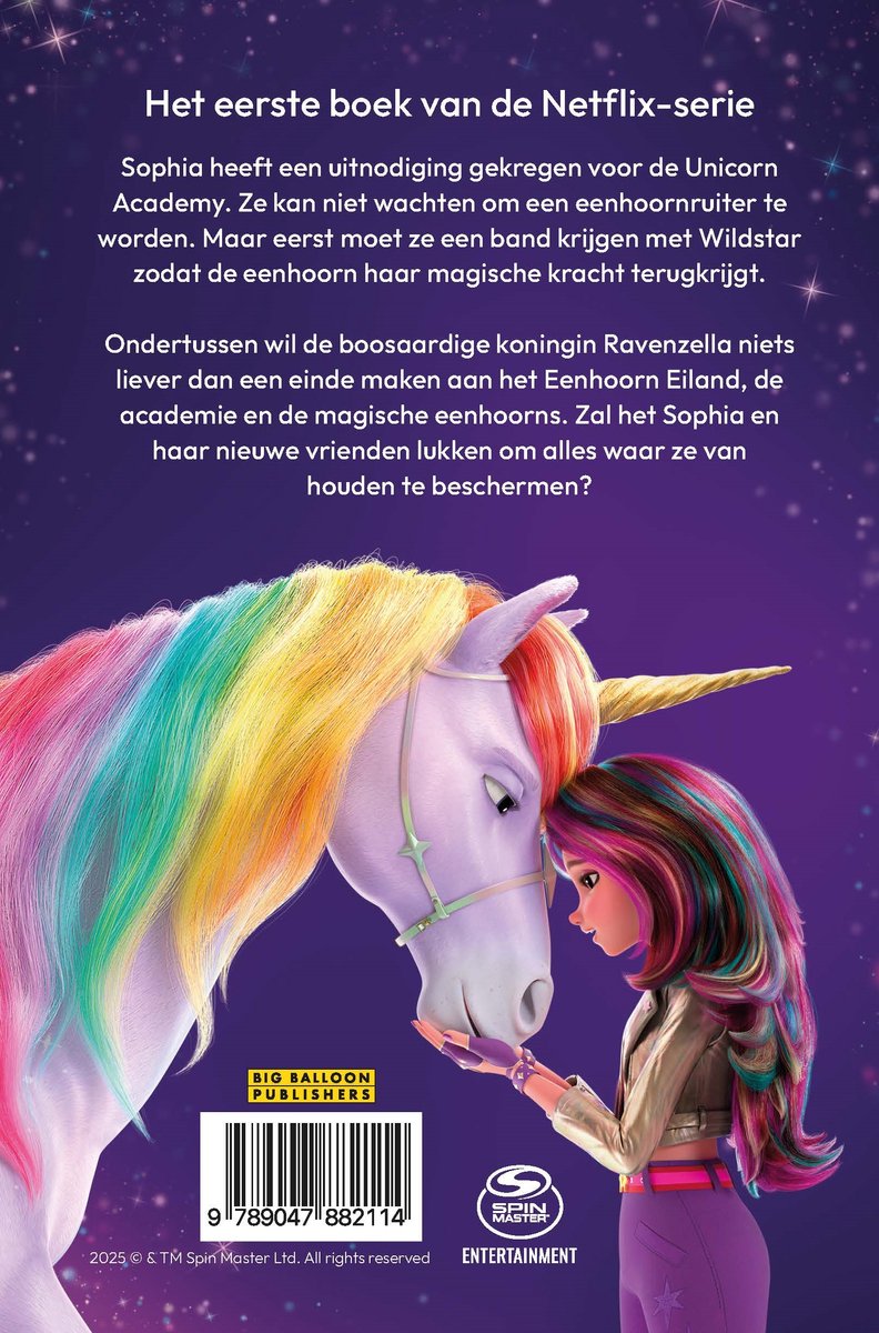 Une jeune fille aux cheveux colorés fait un câlin à une licorne blanche à crinière arc-en-ciel. "Le premier livre de la série Netflix" est en haut.
