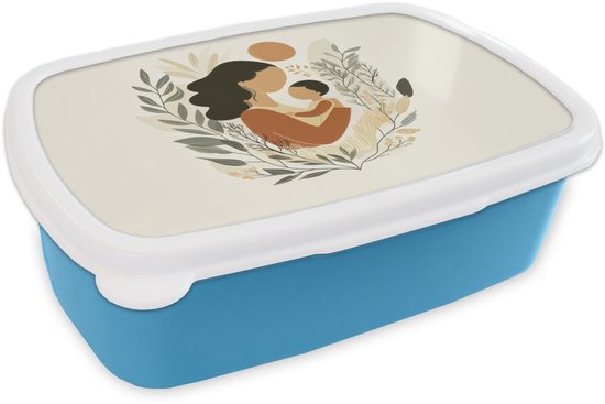 Broodtrommel Blauw - Lunchbox Illustratie - Moeder - Kind - Liefdevol - Brooddoos 18x12x6 cm - Brood lunch box - Broodtrommels voor kinderen en volwassenen