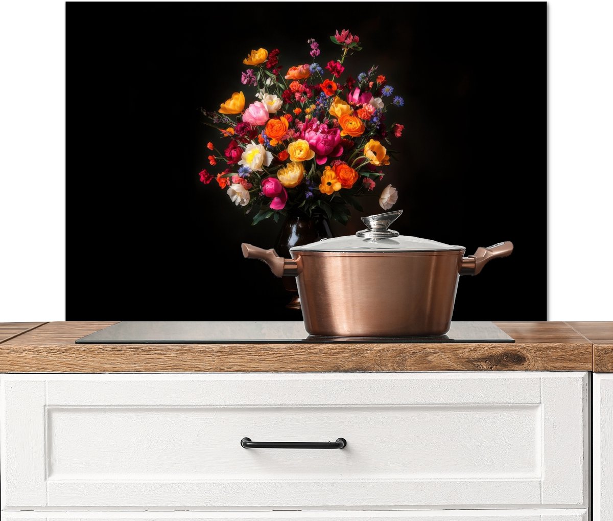 Spatscherm keuken 90x60 cm - Kookplaat achterwand Kleurrijk - Boeket - Vaas - Donkerbruin - Muurbeschermer - Spatwand fornuis - Hoogwaardig aluminium