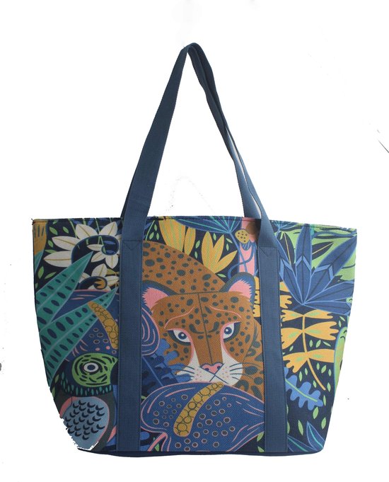 Strandtas Jungle - Accessories Junkie Amsterdam- Dames strandtas XXL- Schoudertas- Beachbag- 1 rits vakken- Stijlvol en Functioneel- Canvas- Blauw