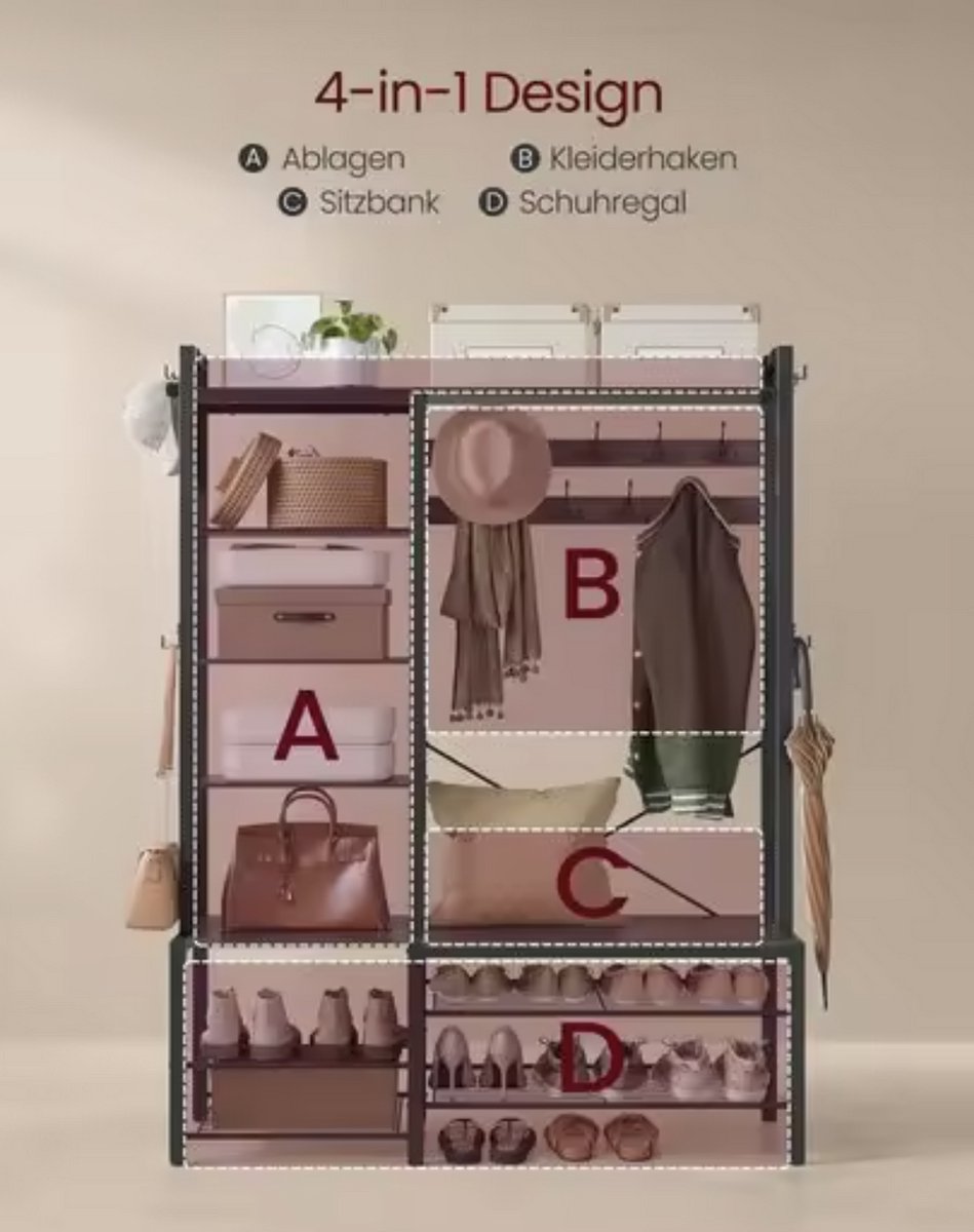 J&R Kapstok - Kapstok groot - Kledingrek - Garderobekast - Schoenenrek - Zitbank - Planken - Haken - Hout en metaal - Industrieel - Zwart - 120x190x40cm – foto 5