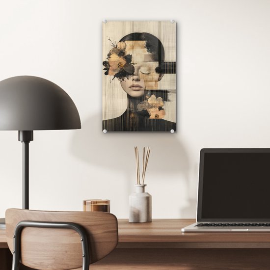 MuchoWow® Glasschilderij 20x30 cm - Schilderij acrylglas - Gezicht - Bloemen - Zwart - Vrouw - Foto op glas - Muurdecoratie woonkamer - Wanddecoratie slaapkamer - Schilderijen