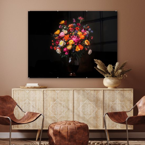 MuchoWow® Peinture sur verre 120x90 cm - Peinture acrylique sur verre - Colorée - Bouquet - Vase - Brun foncé - Photo sur verre - Décoration murale salon - Décoration murale chambre - Peintures
