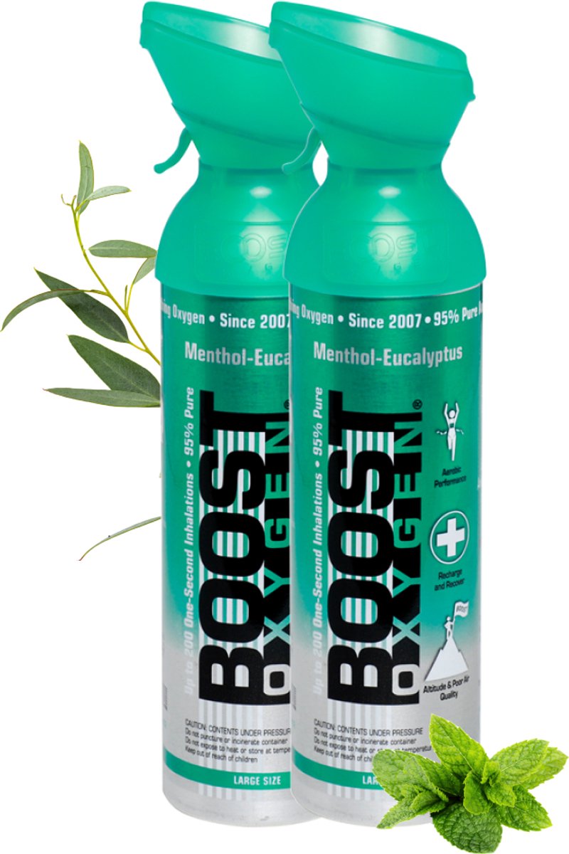 Boost Oxygen - Large 9L- Menthol-Eucalyptus - 95% Pure Zuurstof - Tot wel 400 inhalaties van 1 sec - Ademhalingsondersteuning voor sport herstel, hoogte, prestaties en gezondheid - Zuurstoffles - 2x 9L (2 pak, 18L totaal)